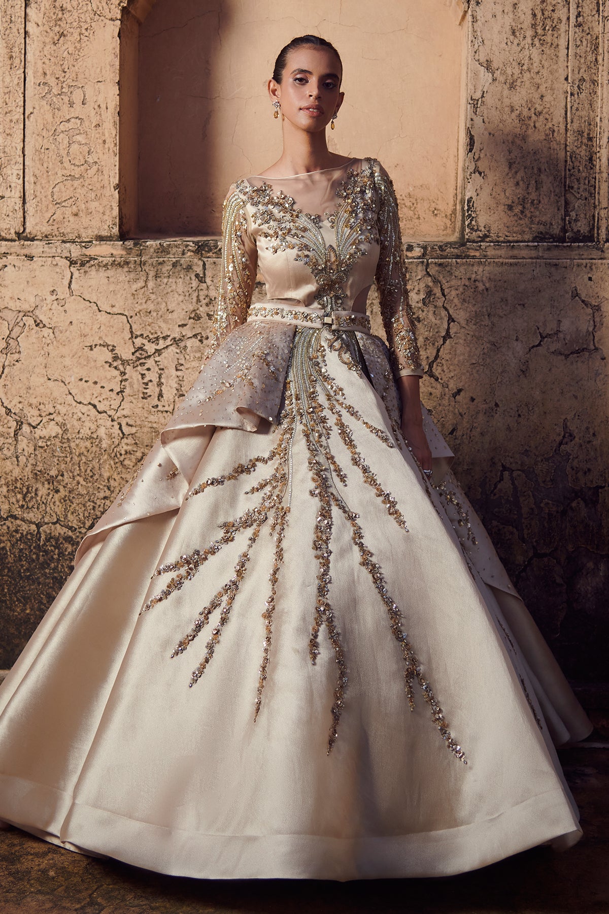 Gold Satin Gown with Layered Trail – Rachit Khanna