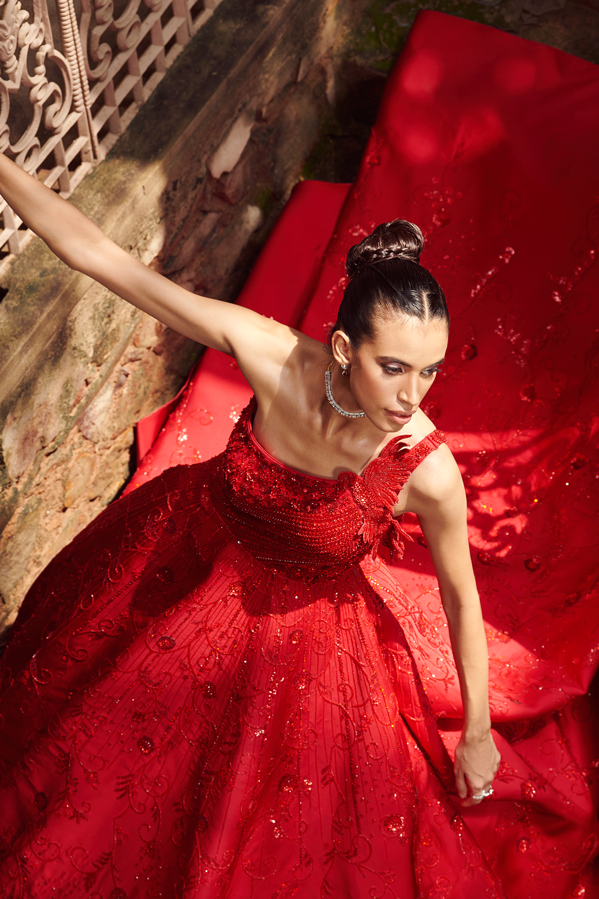 Red Carpet Red Silk Dress Red Silk Gown With Bird On Shoulder